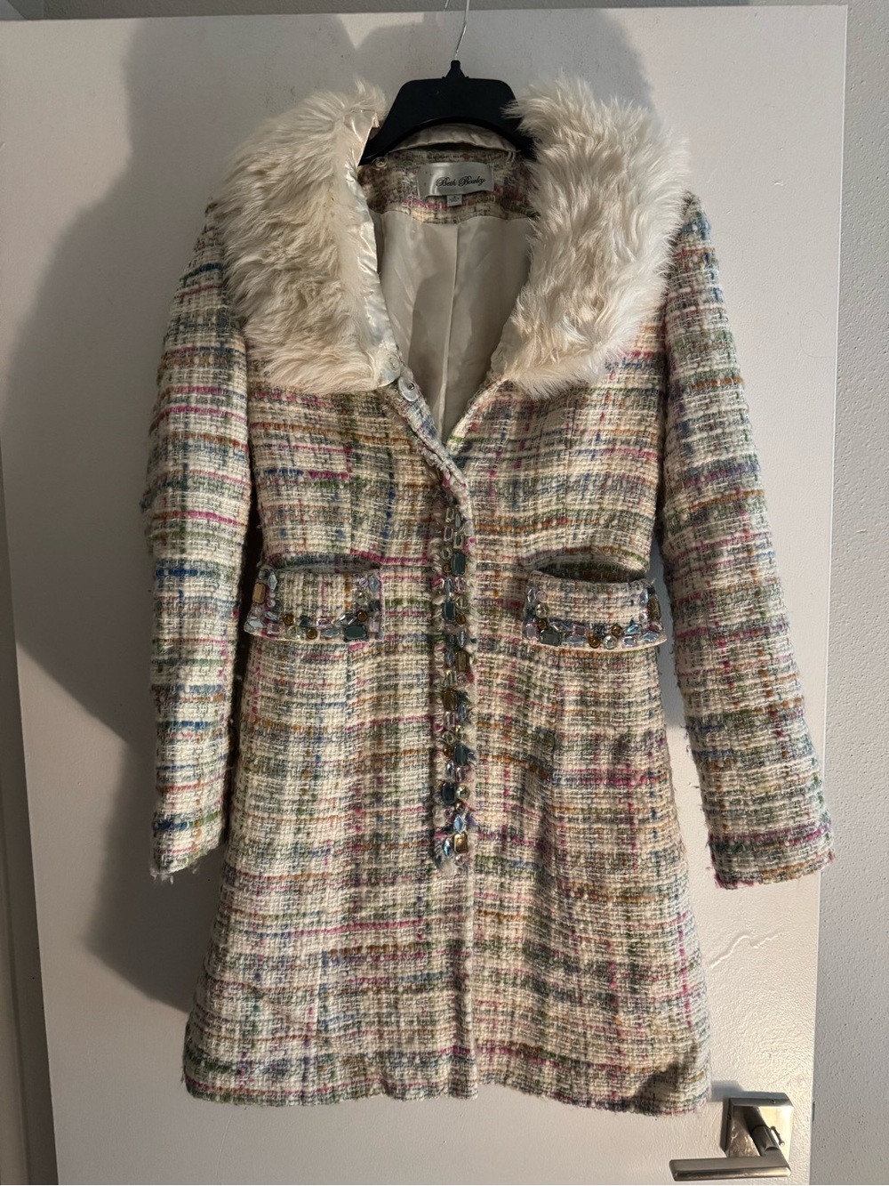 Beth Bowley Vintage Y2K Cream Multicolor Tweed Trench Coat Faux Fur Collar Sze 2